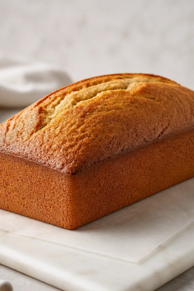 A loaf lifted from a 9x5 pan with parchment paper; the bottom edge is clean and golden, with no stuck crumbs.