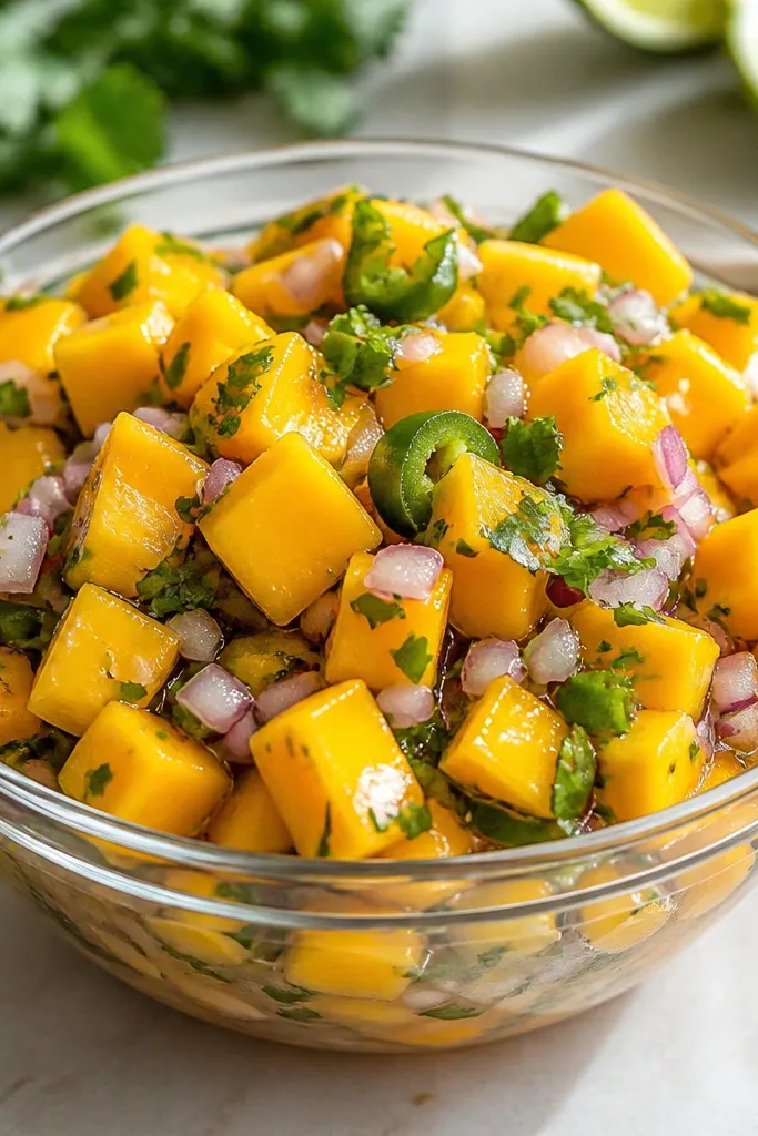 A clear glass bowl filled with chunky mango salsa. Bright orange mango cubes are mixed with tiny red onion pieces and specks of chopped cilantro. A few jalapeño bits sit on top, and the surface looks shiny and lightly juicy under daylight.
