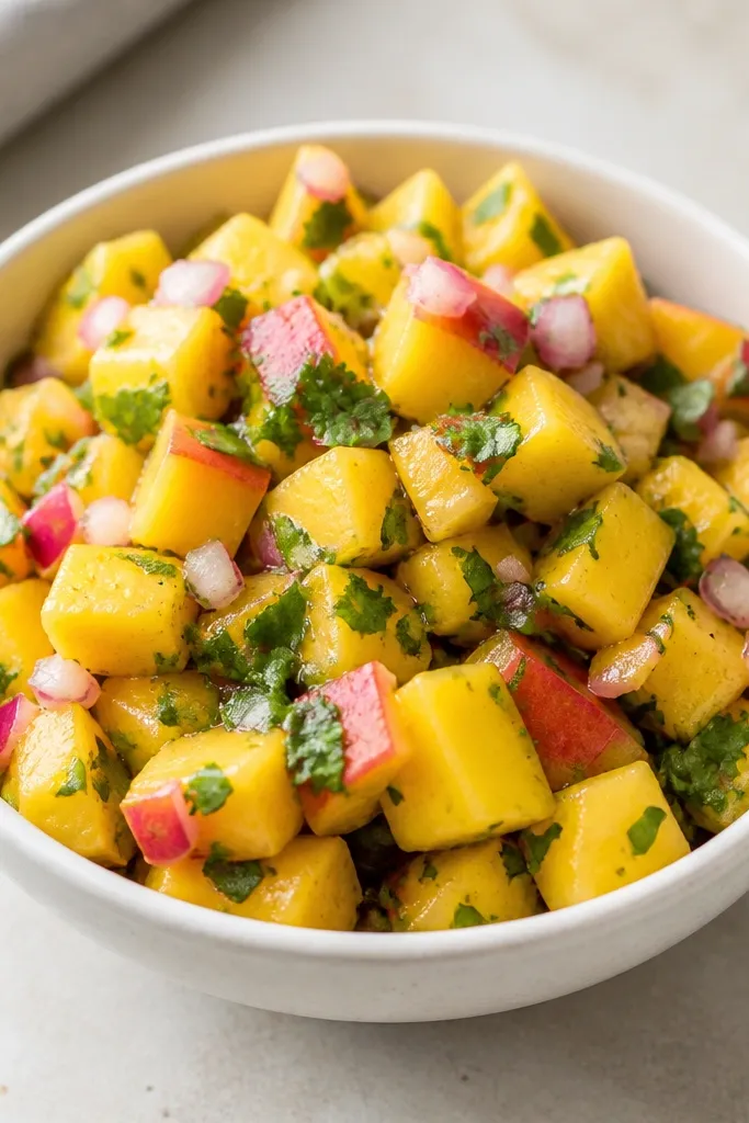 A small white bowl where the mango cubes have light pink edges. Red onion pieces are scattered throughout, and cilantro sits like confetti. The salsa looks slightly thicker, with no puddles at the bottom.
