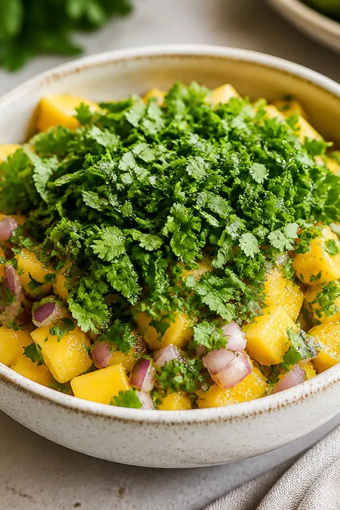 A bowl where most cilantro is sprinkled on top right before serving. Mango and onion are mixed underneath, with only a few cilantro flecks visible throughout. The top looks bright green and fresh.