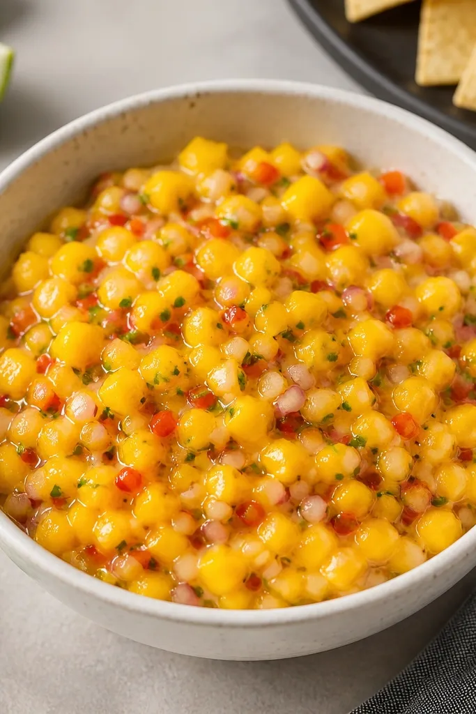 A bowl of mango salsa with very small jalapeño pieces. The heat looks controlled - only red-green flecks are visible. The salsa surface is even and glossy, no thick pepper chunks.