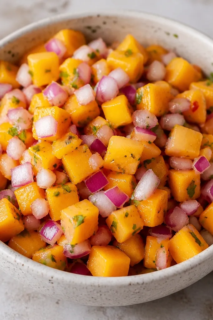 A bowl where red onion pieces are prominent, scattered like snow across orange mango cubes. Cilantro is minimal, mostly visible as tiny green dots. The salsa looks thicker and not overly wet.