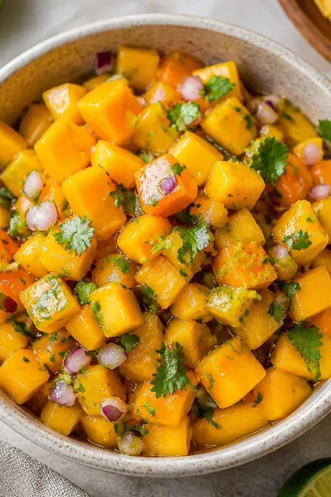A bowl of mango salsa with visible lime juice sheen. There are a few lime zest specks mixed in, and the color looks extra neon-orange. Cilantro flecks are bright green against the orange base.