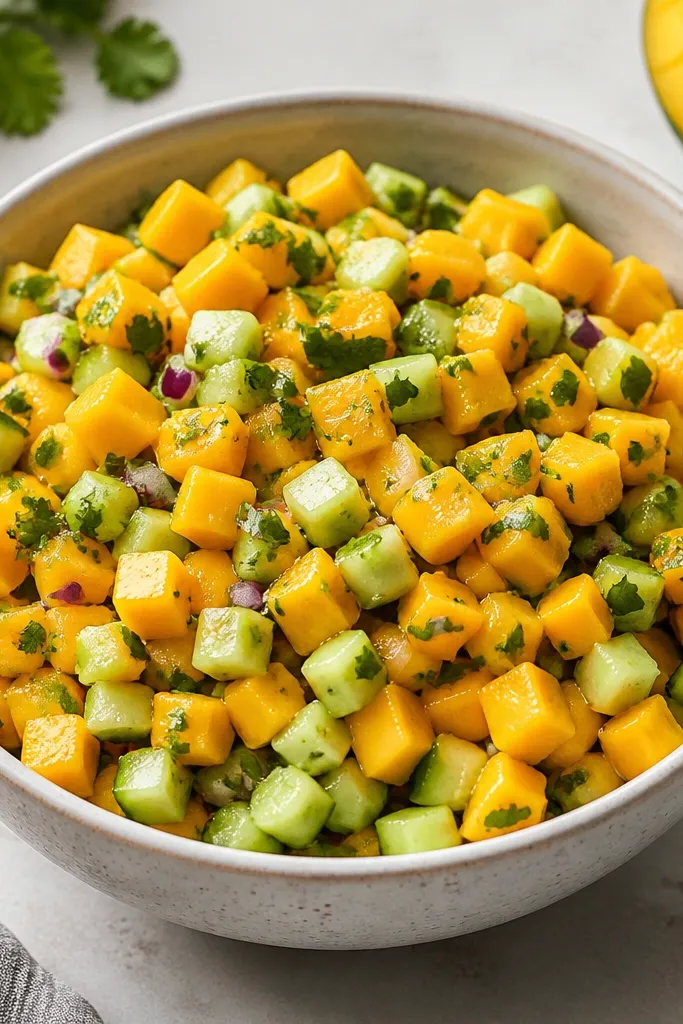 A bowl of mango salsa with pale green cucumber cubes mixed in. Mango cubes are orange and the cucumber adds contrast. The salsa looks thick, with no watery pool, and cilantro is sprinkled evenly.
