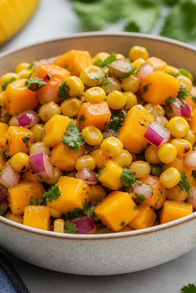 A bowl of mango salsa with orange mango, red onion, and visible golden corn kernels. A few darker corn spots show light charring. Cilantro is scattered, and the salsa looks thick and glossy.