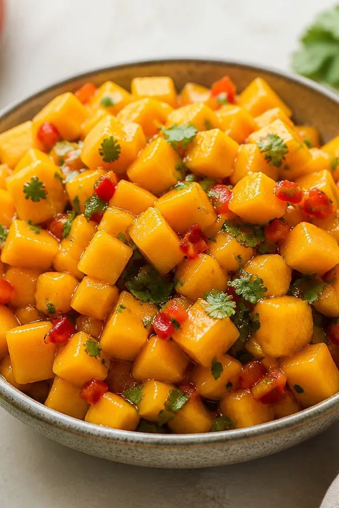 A bowl of mango salsa with no visible red onion. Instead there are tiny red bell pepper pieces mixed throughout. Mango cubes are orange, cilantro is green, and the salsa looks smooth and glossy.
