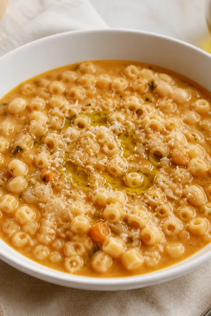 A white shallow ceramic bowl filled with thick pasta fagioli; the surface has a glossy sheen with a small olive-oil swirl in the center, pale cannellini beans visible, and a light sprinkle of grated cheese.