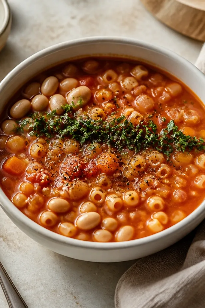 The same pasta fagioli bowl, but with a thin line of chopped flat-leaf parsley across the top, plus tiny black pepper specks and a few beans arranged near the rim.