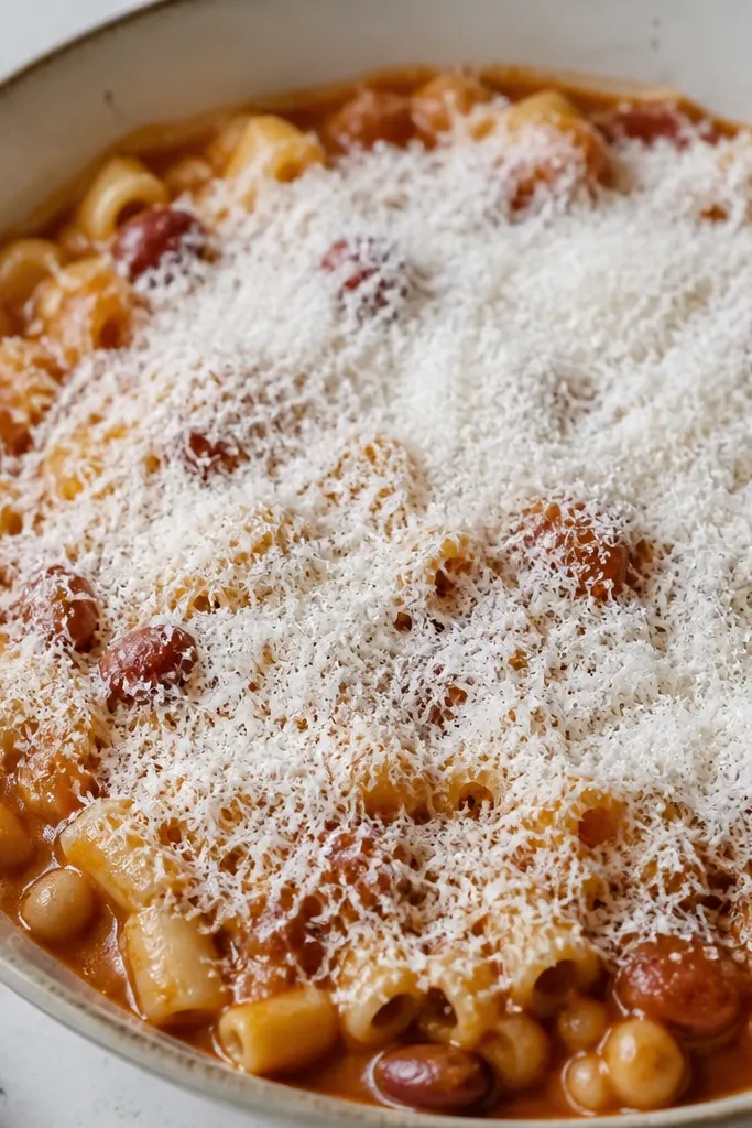 A close-up of pasta fagioli with a soft, even snow-like layer of very finely grated cheese on top, with beans peeking through in small spots.