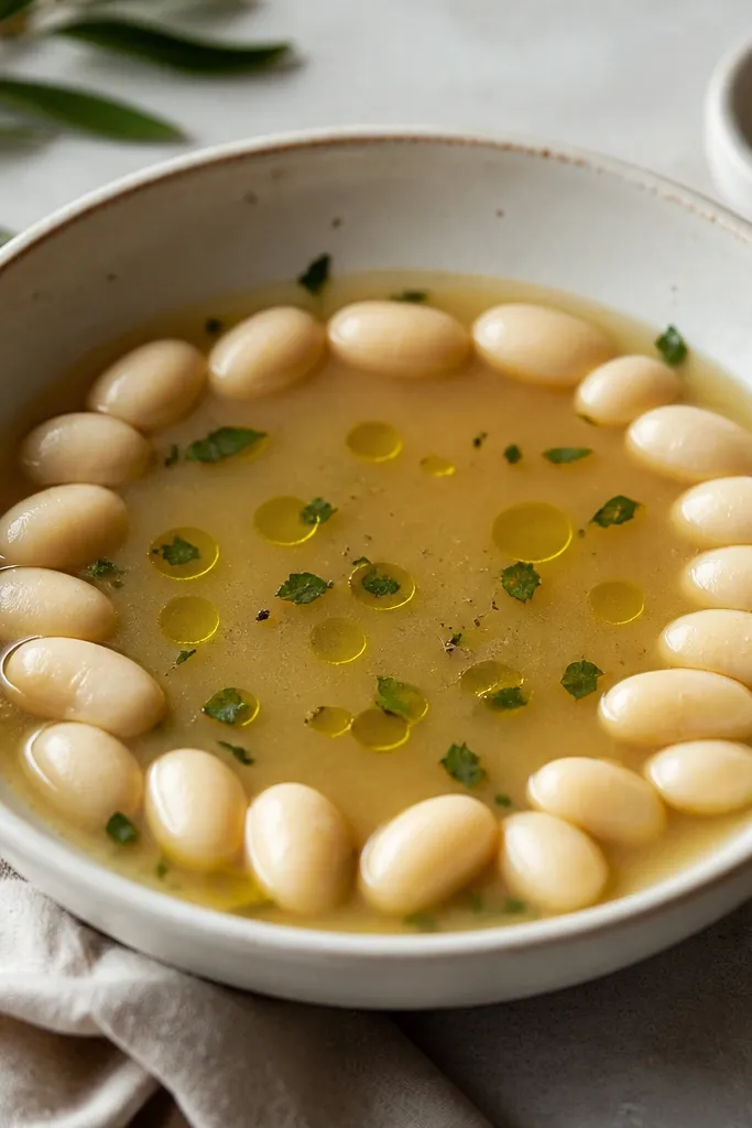 A bowl where several cannellini beans sit in a neat ring around the perimeter of the soup, with broth in the center and a small drizzle of olive oil.
