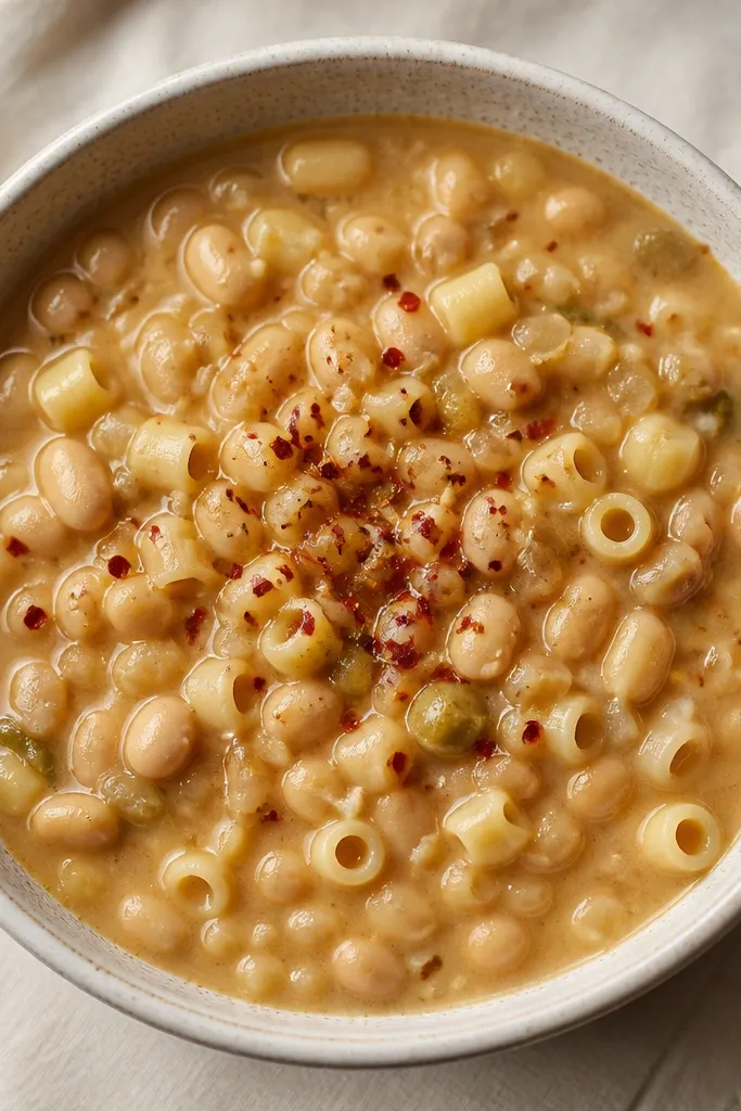 A bowl of beige pasta fagioli with a few bright red chili flakes scattered on top like confetti, mostly concentrated near the center.