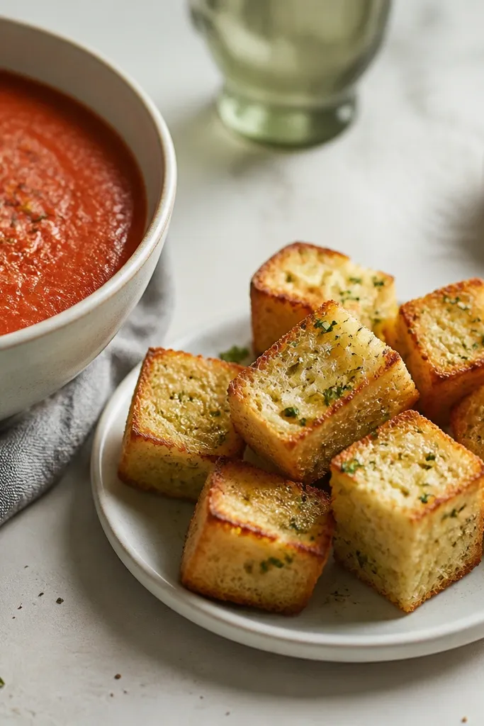 A small side plate next to the soup with golden garlic bread cubes, glossy with butter and herbs, arranged in a tidy pile.