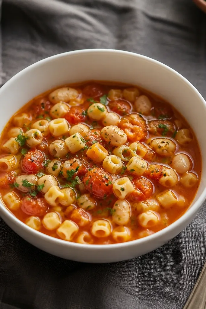 A styled table shot: a white bowl of pasta fagioli on a dark gray linen cloth, with olive oil sheen visible and a spoon resting beside it.