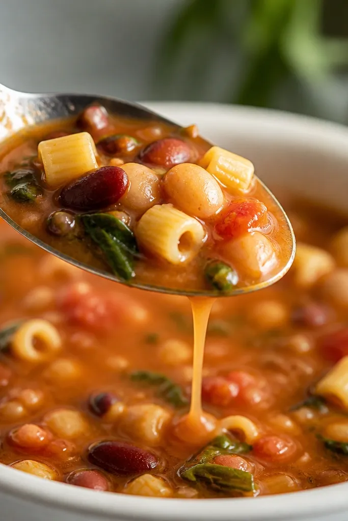 A close-up of a metal spoon lifting from the bowl; the soup clings in a slow drip, with beans and pasta visible.