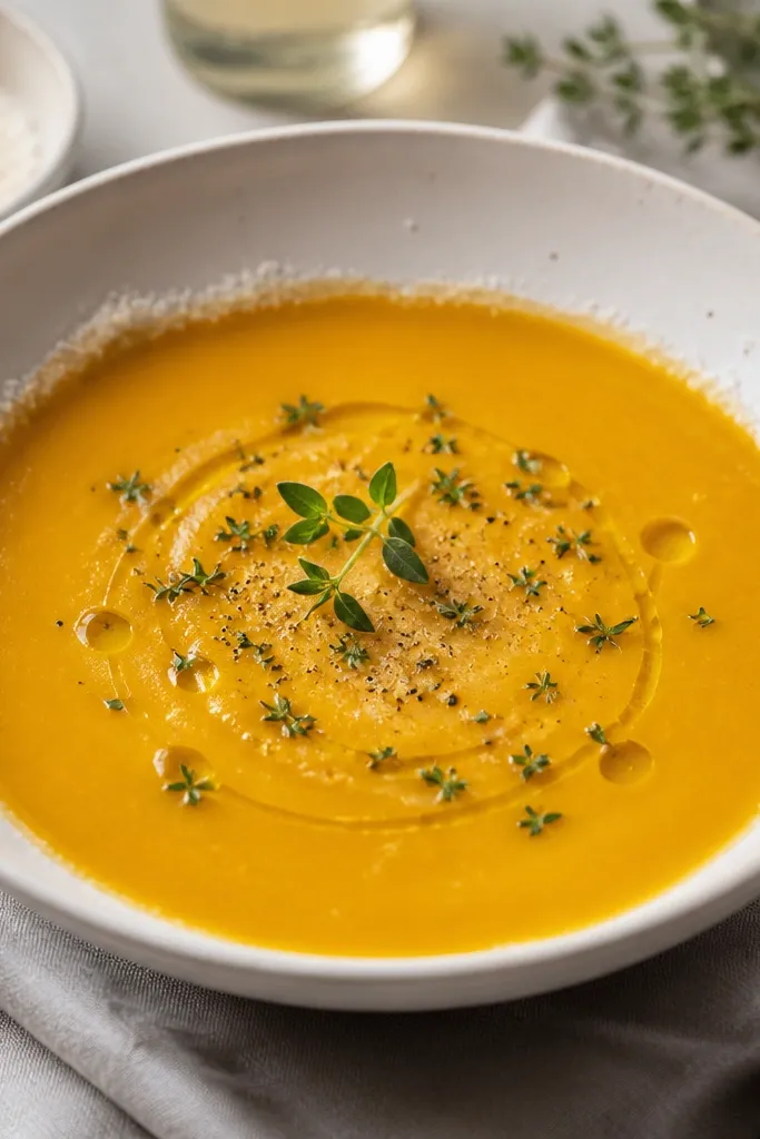 A bowl with a small ring of parmesan dust on the inner rim where the soup meets porcelain; the top surface stays neat with herbs and oil.