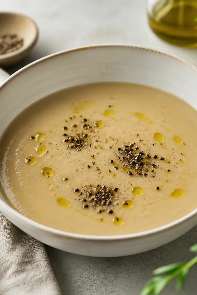 A bowl with coarse black pepper sprinkled in a few clusters, visible against the beige broth, plus a tiny olive oil drizzle.