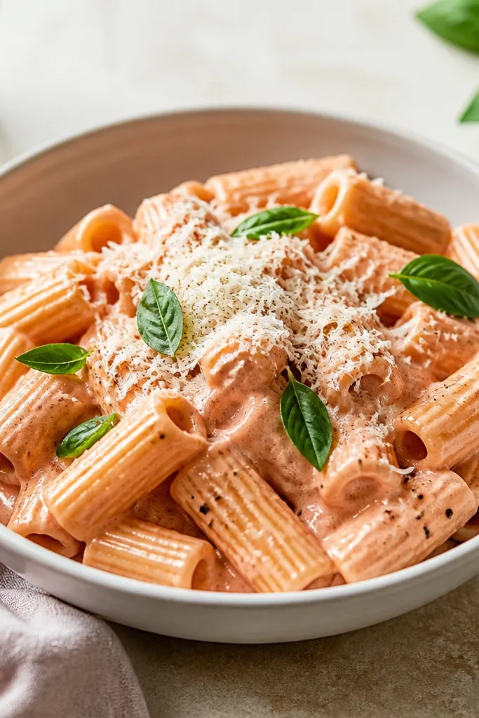 A bowl of rigatoni coated in a pale pink, glossy vodka-style cream sauce with visible pepper flecks; a small pile of finely grated Parmesan on top and a few basil leaves scattered.