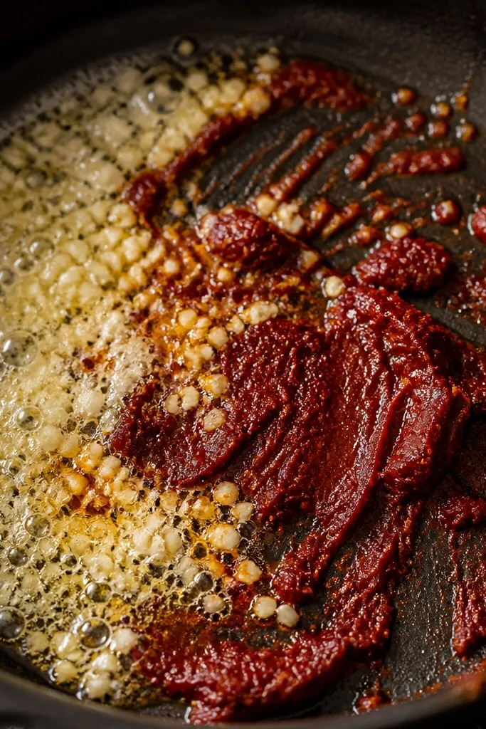 A close-up skillet shot showing melted butter and olive oil with minced garlic; tomato paste is darkened and thick, forming a brick-red smear on the pan.