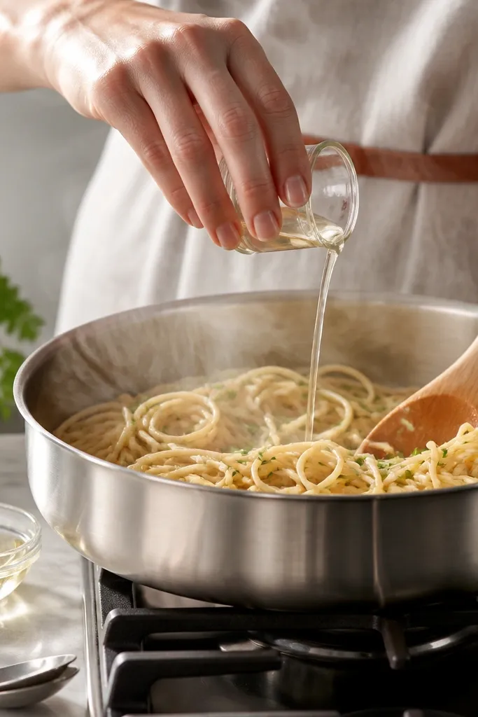 A small glass bowl with white wine vinegar beside a spoon; the pasta pan is steaming lightly and a thin vinegar ribbon is being drizzled in while stirring.