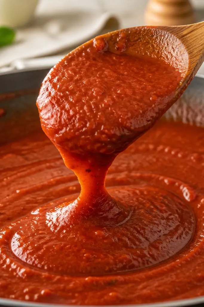 A spoon lifted from the sauce shows thick, glossy coating; the sauce slowly drapes back into the pan with no watery pools.