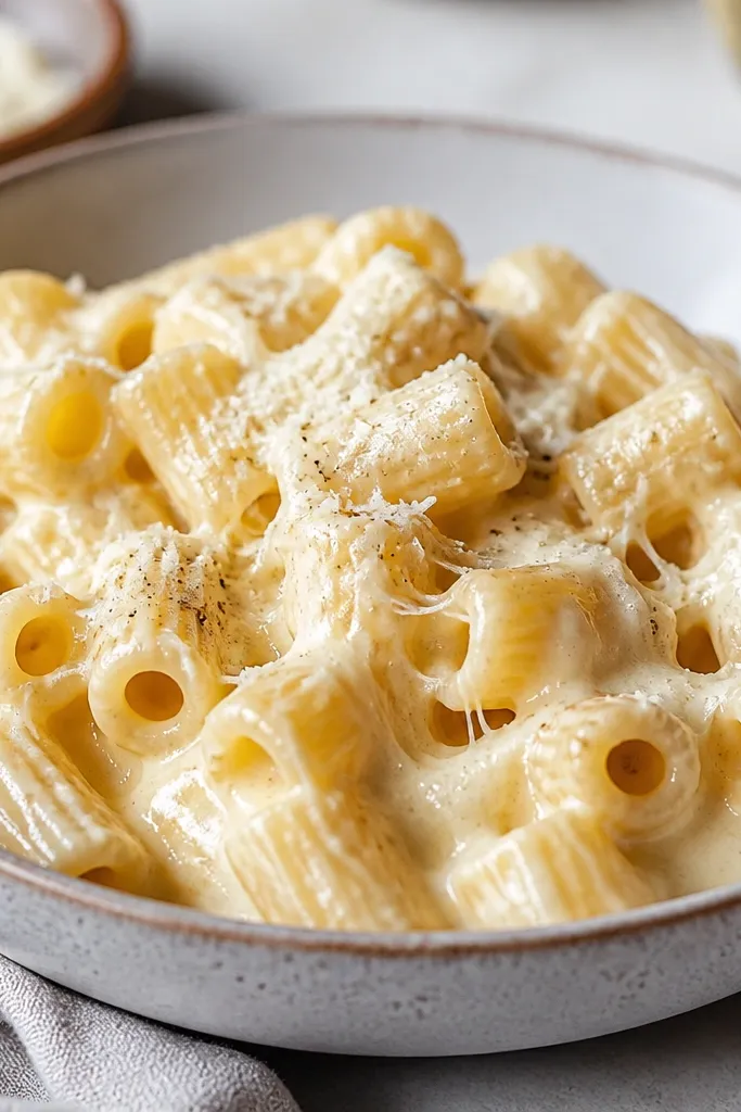 Rigatoni in a thicker, pale sauce with visible cheese strands; the surface looks velvety, not watery, with Parmesan snow on top.
