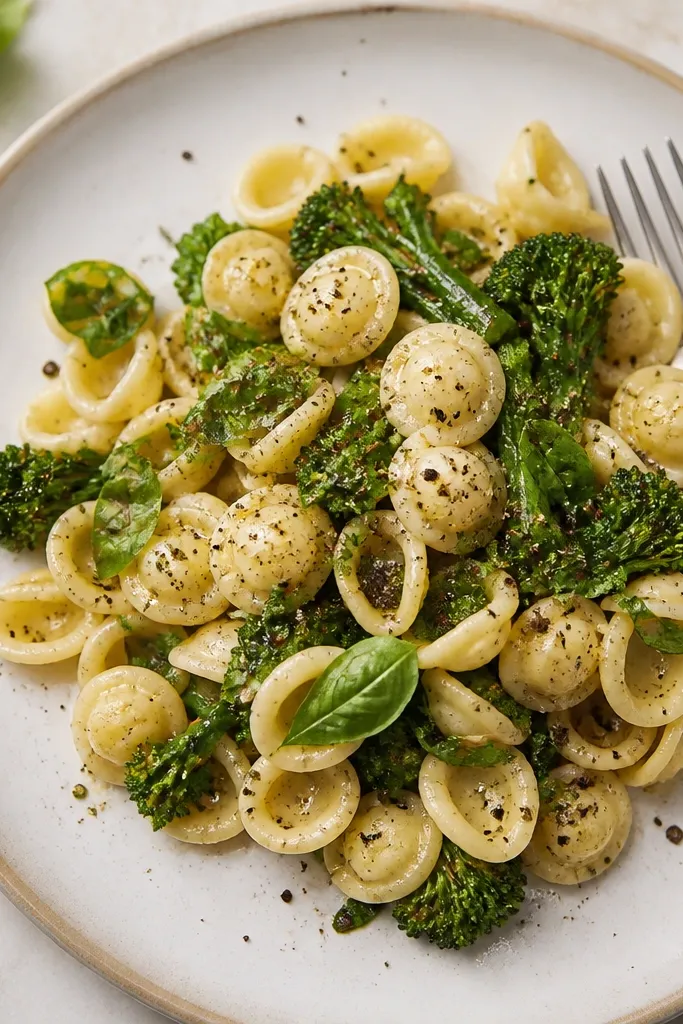 A finished plate with freshly cracked black pepper and a few torn basil leaves; the pepper looks dark and fresh, not dusty.