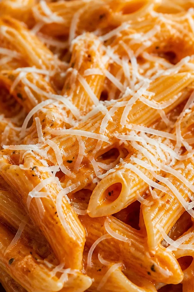 Close-up of Parmesan scattered in fine threads across the sauced pasta; some pieces melt slightly into the sauce, others sit dry on top.