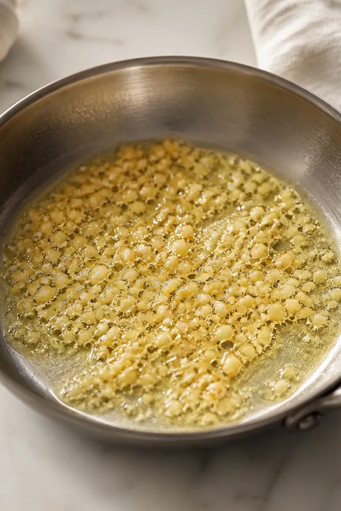 A small pan with lightly golden garlic bits in butter; they look fragrant and pale gold, not dark brown.