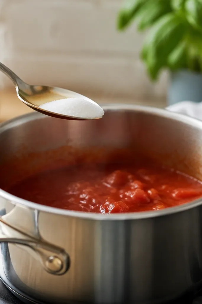A spoon with a small mound of sugar above the sauce pan; the sauce is simmering gently off to one side, not bubbling hard.