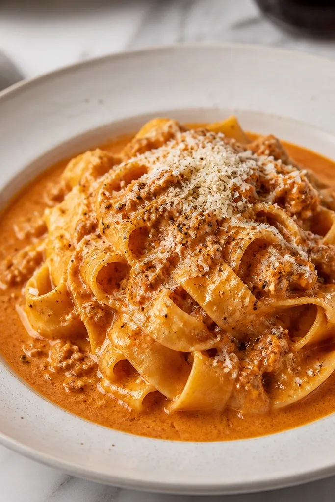 A plated serving where pasta sits in a center mound; sauce collects in a thin ring around the edges, with Parmesan and pepper on top.