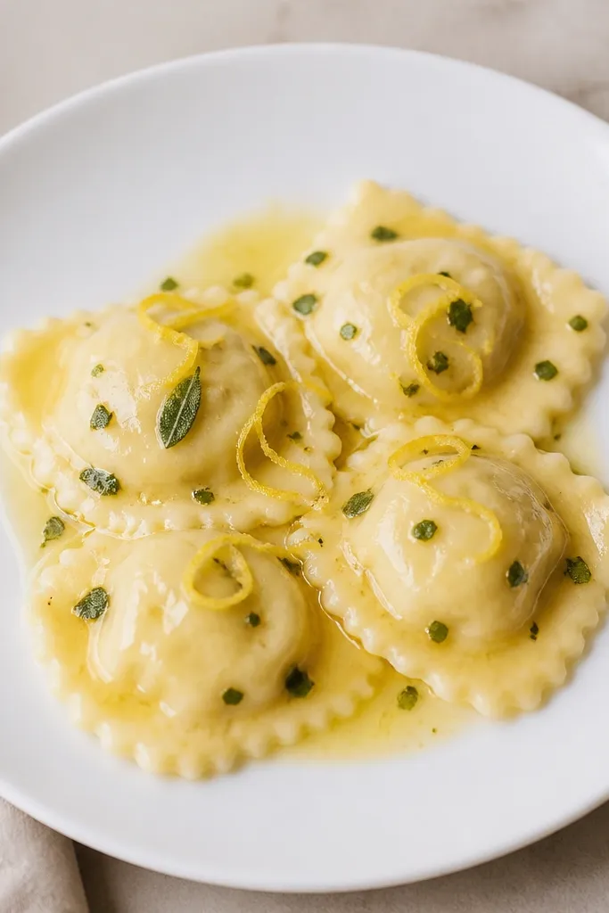 A white dinner plate with 4 ravioli centered. The top is coated in a glossy pale-yellow lemon-butter sauce with tiny flecks of chopped sage. A few micro-slices of lemon zest sit on the sauce, and there's a small puddle of sauce under the ravioli.
