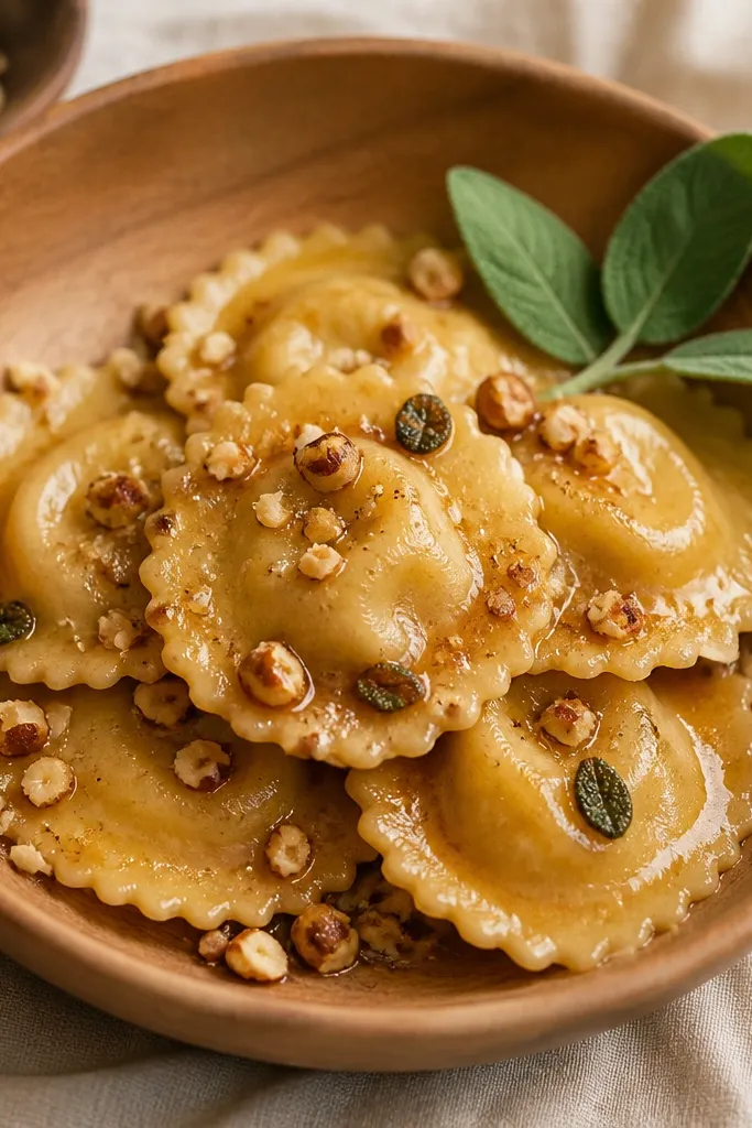 A warm light-wood bowl holding ravioli. The sauce is golden-brown and lightly glossy. Toasted hazelnut pieces are scattered like crumbs around the ravioli, and there are a few sage leaves near the rim.