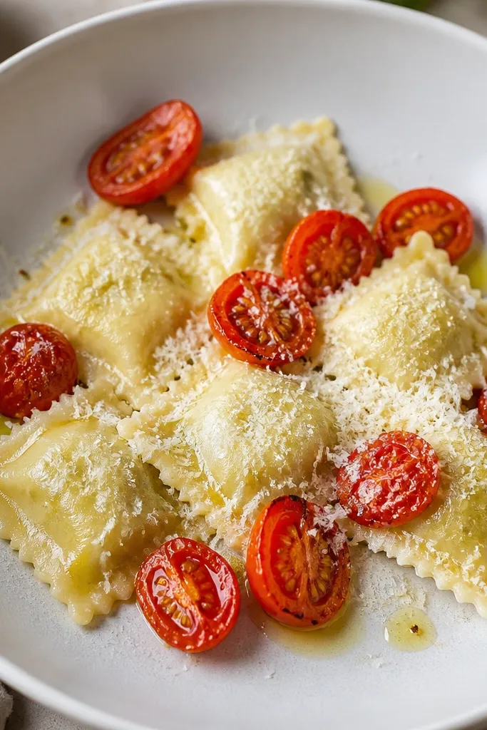 A white bowl with ravioli arranged slightly apart. Halved cherry tomatoes are roasted or quickly sautéed and appear glossy red-orange, with a few drops of olive oil. A light dusting of grated parmesan sits on top.