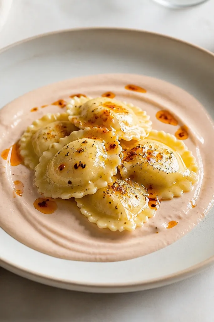 A shallow plate where a pale pink cream sauce is swirled in a thin ring. Ravioli sit in the center, topped with a few black pepper specks and a small spoon of red pepper oil.