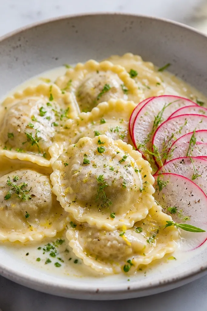 Ravioli with a bright garnish: thin radish slices fanned on the side and chopped herbs sprinkled across the top. The sauce looks creamy and pale, not heavy.