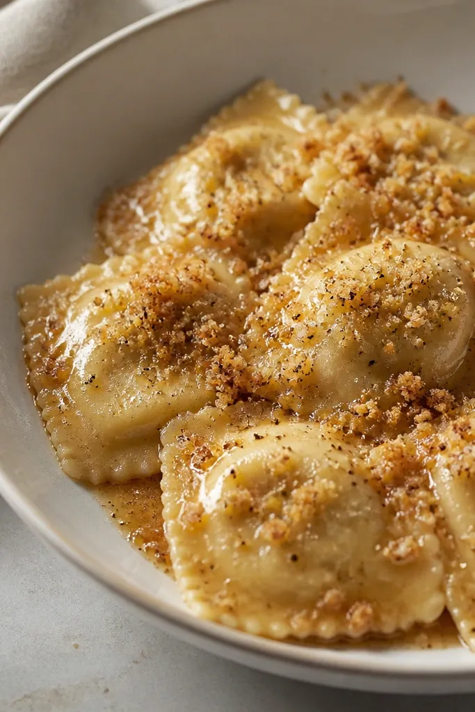 A bowl of ravioli with a light brown pepper-butter sauce. Toasted breadcrumbs scatter across the top like a thin layer. You can see flecks of black pepper throughout the sauce.