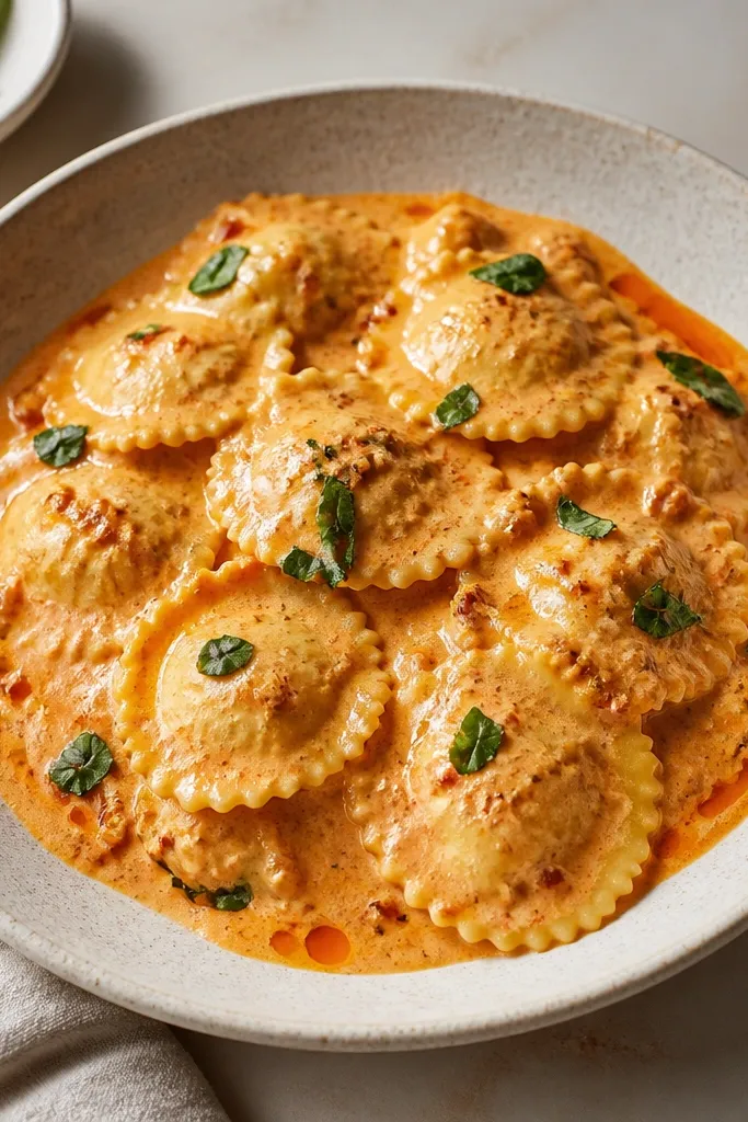 Ravioli in a pale orange sundried tomato cream sauce. Basil leaves are placed as small points on top, and there are tiny red oil streaks near the edges of the plate.