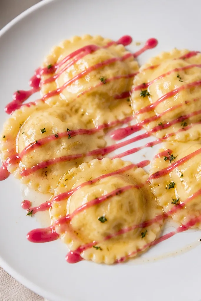 A white plate with ravioli and a thin pink beet vinaigrette drizzle drawn in lines across the sauce. The ravioli have a simple butter sheen, and there are no heavy garnishes besides a few herb flecks.