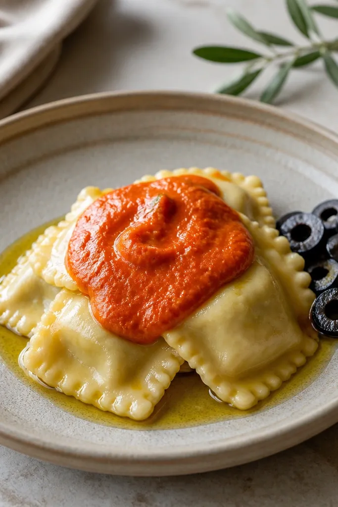 Ravioli topped with a spoonful of smooth red pepper puree, with a glossy olive oil ring around the base. A few black olive slices sit at the side of the plate.