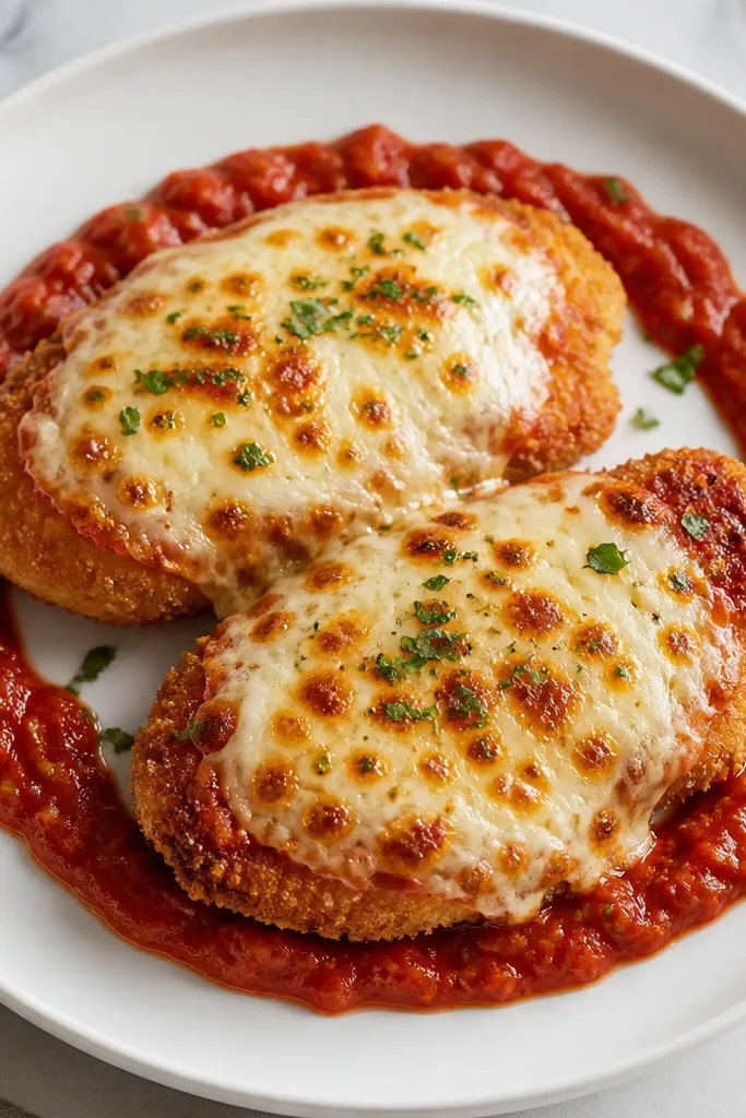 A white dinner plate with two breaded chicken cutlets. The edges are deep golden brown, cheese is melted and lightly browned on top, and a thin red marinara ring circles the cutlets instead of covering them.