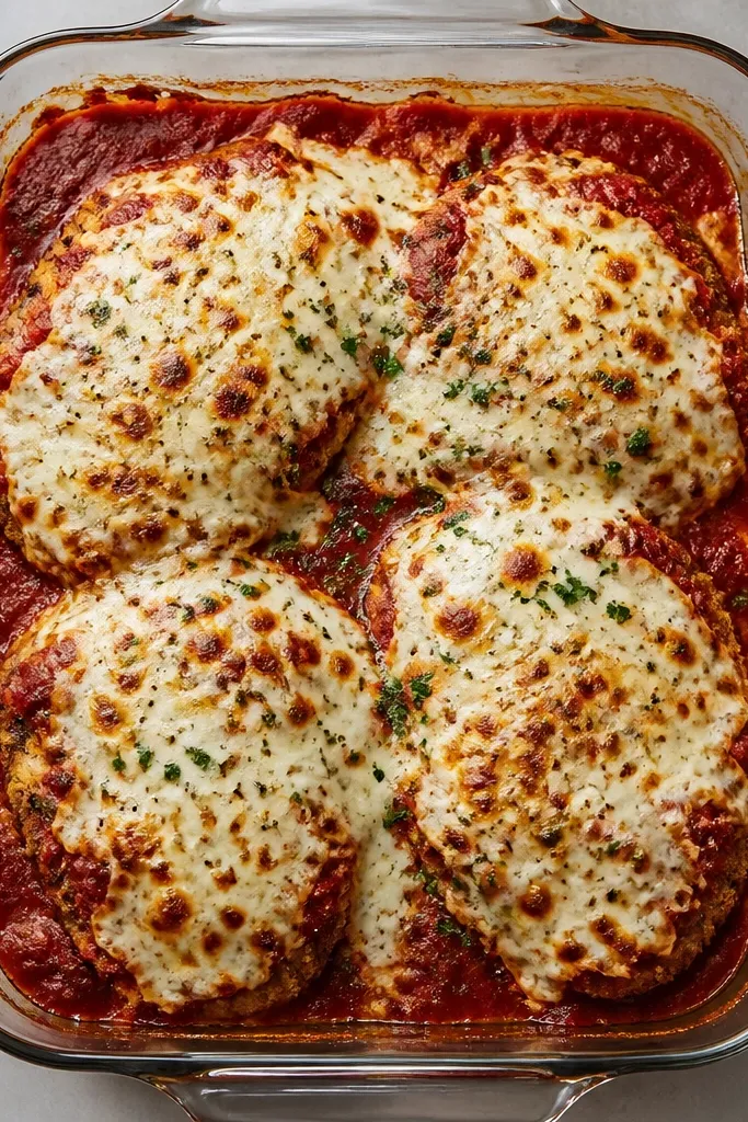 Chicken parmesan in a glass baking dish, photographed from above. The cheese is browned in small spots, with a slightly domed surface, while the chicken underneath looks firm and not glossy with sauce.