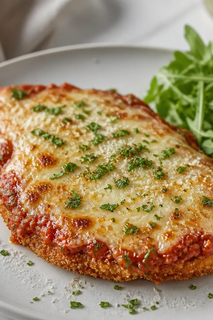 A plated chicken parmesan with finely chopped parsley scattered across the top and a light snowfall of parmesan. The cheese is still glossy but not runny, and a few green flecks show on the red sauce.