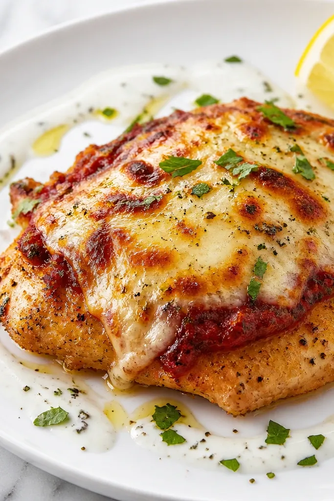 A bright white plate with a light drizzle of lemon-garlic yogurt sauce around the chicken. The main marinara layer is minimal, and the chicken looks crisp with a browned cheese top.
