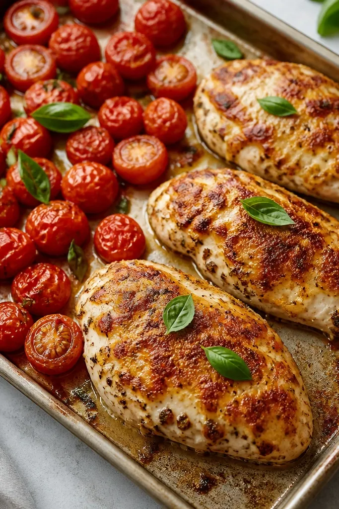 A single sheet pan where roasted cherry tomatoes sit beside the baked chicken. On the plate, tomatoes are glossy red and the chicken has browned cheese, with a few basil leaves on top.