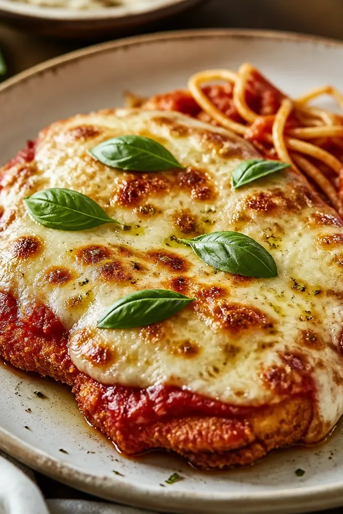 Chicken parmesan with a subtle sheen on top from a thin basil oil drizzle. The cheese is melted and browned, and basil leaves are placed like small green flags.