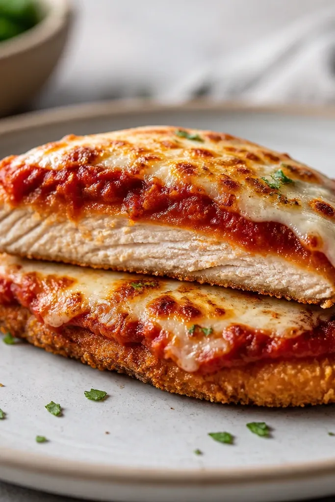 Two cutlets stacked slightly offset on a plate, with visible fork marks from slicing. Marinara is spread in a narrow band, and the cheese looks browned along the top edge.