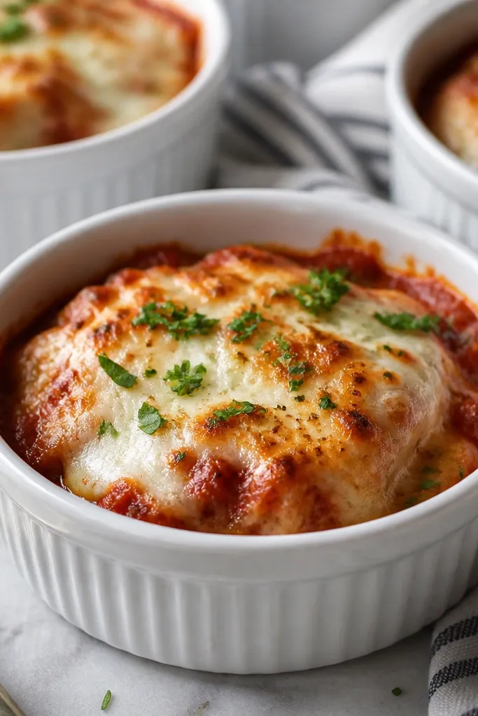 Individual ramekins filled with a single portion of chicken parmesan. The ramekins show a clean red sauce layer on the bottom and browned cheese on top, with a sprinkle of parsley.