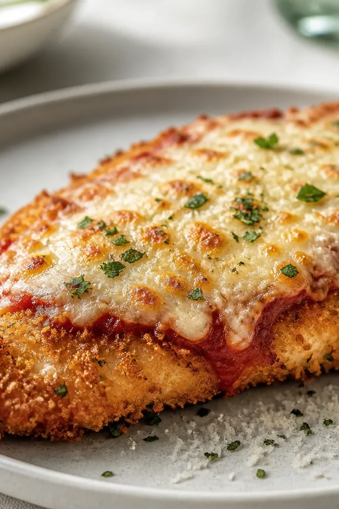 A close-up plate where the chicken crust looks dry and crisp, with tiny parmesan flecks on top. The sauce is minimal, and the cheese sits mostly on the top surface.