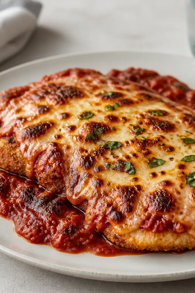 A plate where the marinara looks thicker and has darker charred spots. The chicken edges are golden, and the cheese is browned with a few darker bubbles.