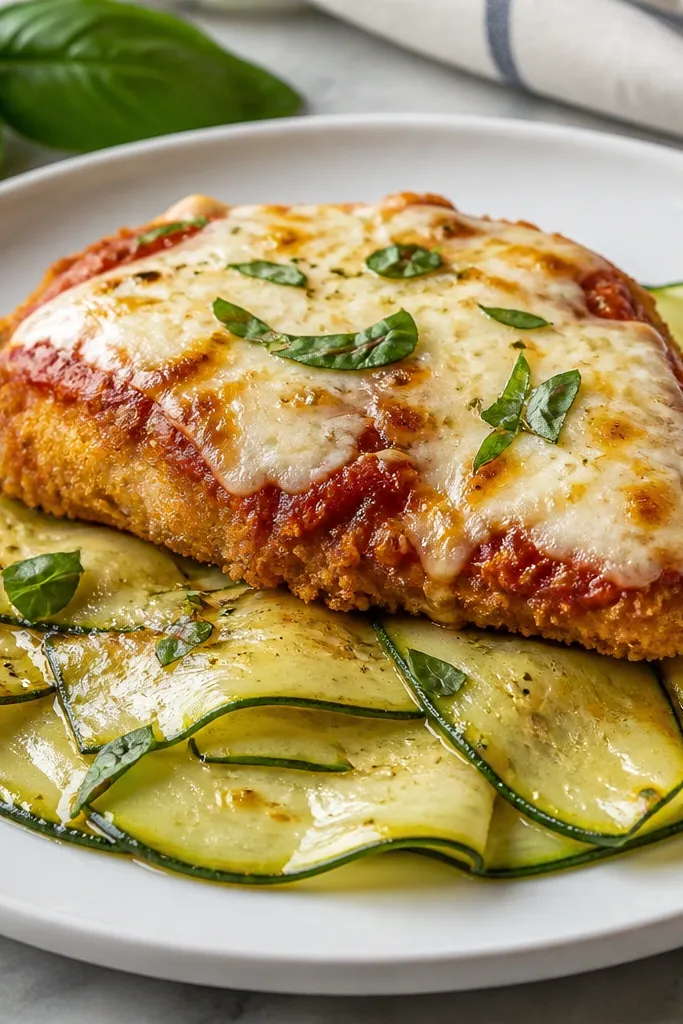 A plate with zucchini ribbons laid flat beneath the chicken parmesan. The zucchini is glossy and lightly browned, with a thin marinara stripe and melted cheese on top.